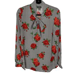 Retrolicious Blouse Womens M Rose Print Black White Stripe Tie Neck Secretary
